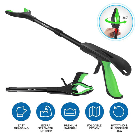 32 Inch Reacher Grabber With Magnetic Tip And 360 Degree Rotating Jaw Shoehorn 2 Pack For Indoor Outdoor Use Ideal For Seniors With Arthritis Easy One Hand Operation Durable Long Reach Green