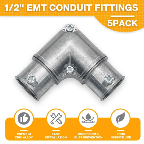 Half Inch EMT To EMT 90 Degree Inside Corner Pulling Elbows Set Screw Fittings Die Cast Zinc Conduit Elbows 5 Pack