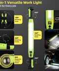 Two Pack Rechargeable LED Work Light Set showing 360-degree rotation, magnetic base, and use in car repair and garage.