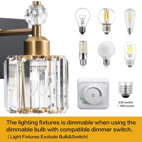 2 Crystal Vanity Light In Black And Gold Modern Over Mirror Wall Fixture With Crystal Shades Sleek And Lit Bathroom Lighting For Your Powder Room Lux Contemporary Bath Decor with dimmable feature and bulb types.