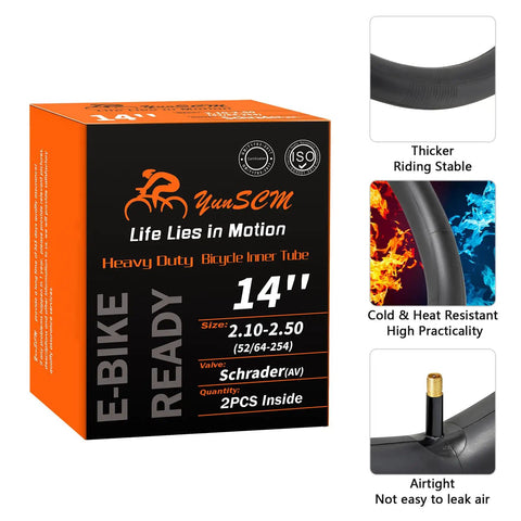Packaging of Two Pack 14 Inch Bike Tubes Heavy Duty 14x2.10 To 14x2.50 AV32mm Schrader Valve with features displayed.