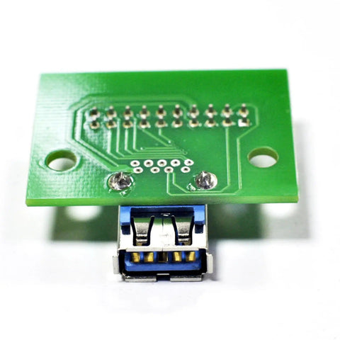 Close-up of USB 3 Point 0 Type A Female Connector Breakout Board, front view showing pin headers and PCB adapter for easy prototyping.