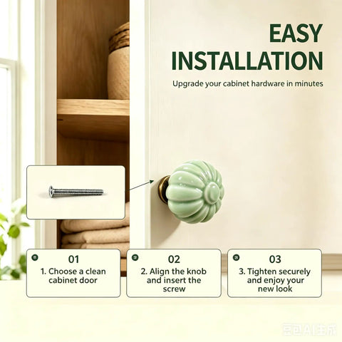 Fresh Vintage Light Green Ceramic Pumpkin Drawer Knobs And Cabinet Pulls with easy installation guide on cabinet door.