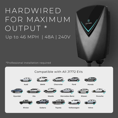 No Sweat J1772 Level 2 EV Charger 48 Amp 240 Volt with 23 Foot Cable and car compatibility graphics.