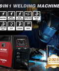 9 In 1 MIG TIG Stick Plasma Cutter Welding Machine With App Control in use, welder wearing mask, showing features and controls.