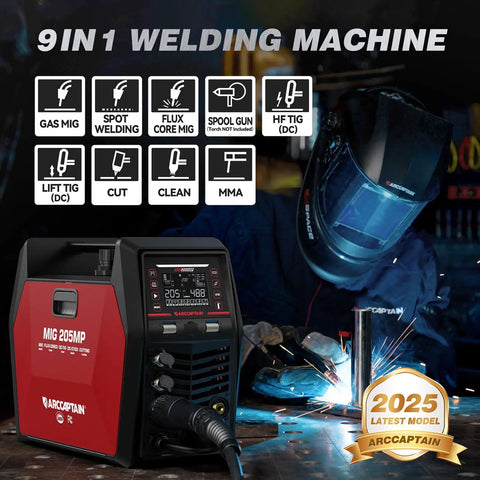 9 In 1 MIG TIG Stick Plasma Cutter Welding Machine With App Control in use, welder wearing mask, showing features and controls.