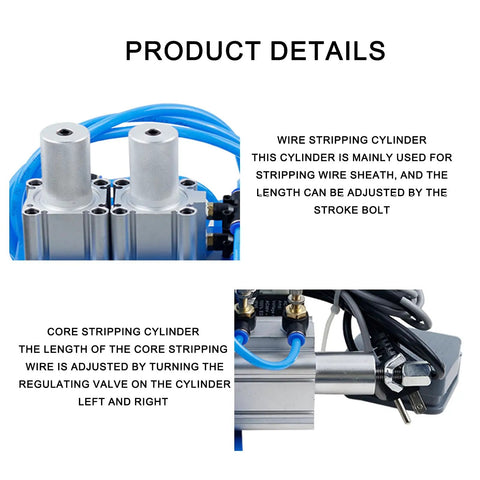 Heavy Duty Pneumatic Wire Stripping Machine For Automatic Cable Peeling And Cutting, showing wire stripping and core cylinders with adjustable lengths.