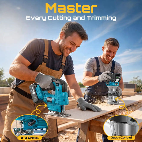 Cordless Jigsaw And Wood Router Kit For Precise Cuts And Edge Shaping With A Brushless Router, Dual 4.0Ah Batteries, Quick Setup, Smooth Finish, All In One Woodworking Power Pack, men cutting wood