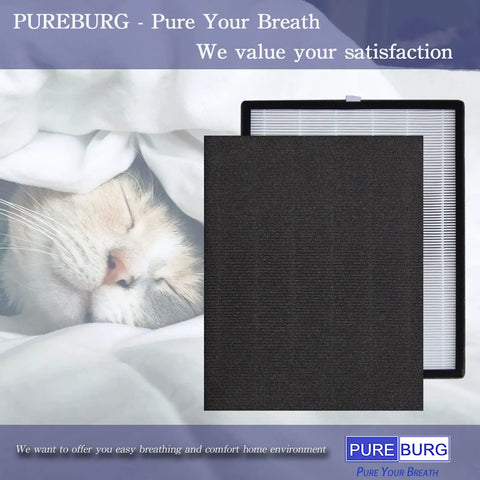 Replacement Filter Set For COLZER EPI 328 And Domccy NS 320 Air Purifiers with cat sleeping, H13 HEPA and carbon filters visible
