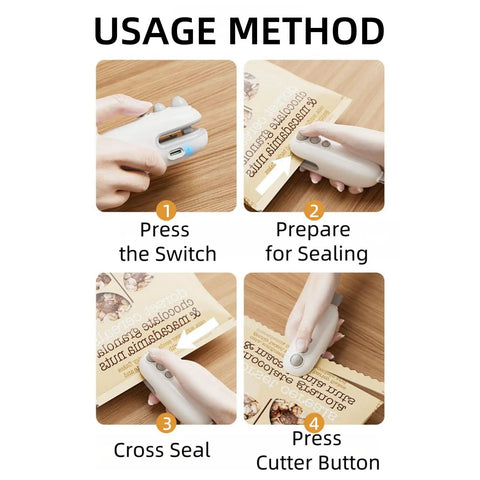 Step-by-step use of 2 In 1 USB Rechargeable Heat Sealer With Cutter For Plastic Bags Grab And Go Handheld Magnetic Portable Resealer