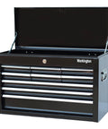 Beefy Portable 9 Drawer Tool Chest In Steel Black With Ball Bearing Drawer Slides Central Lock Two Side Handles Non Slip Liners 24 Inch Wide Tool Storage Cabinet For Garage Or Workshop, front view with open lid.