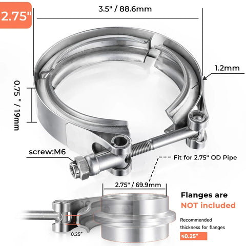 Two Pack 2.75 Inch V Band Clamp 304 Stainless Steel For Turbo Exhaust Downpipe On Ford Pickup Truck Racing Exhaust