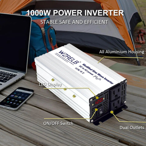 Grind Ready 1200 Watt Power Inverter Converting 12V DC To 110V AC With 2400W Peak Output For RV camper travel and camping, featuring LED panel.