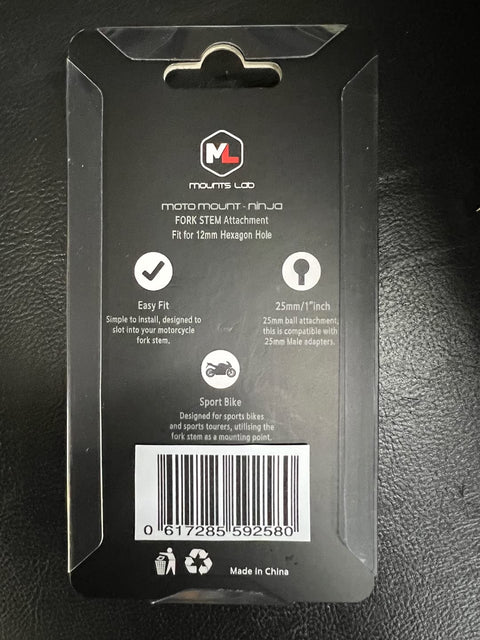 Moto Mount Ninja 12mm Hex Fork Stem Base package detailing features and specifications on the back, visible logo, and barcode.