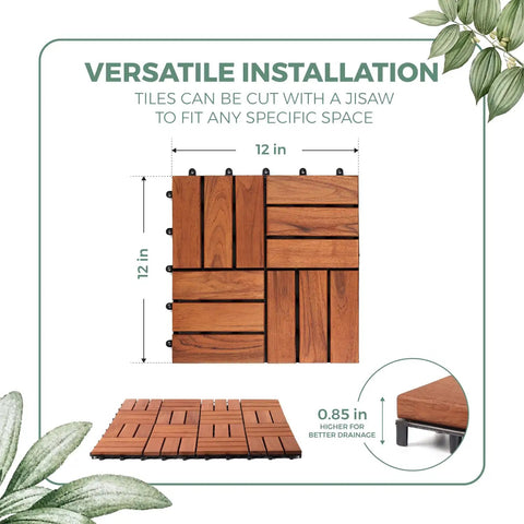 Teak Deck Tiles Interlocking Outdoor Patio Tiles Pack Of Nine with dimensions and drainage feature illustration.