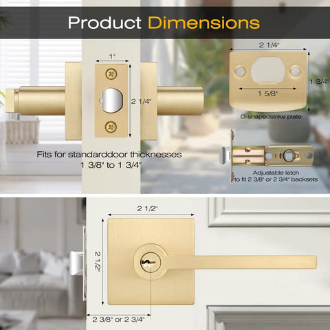 Dimensions and close-up of Five Piece Satin Brass Door Handles Set With Lock And Key For Interior And Exterior Doors focus