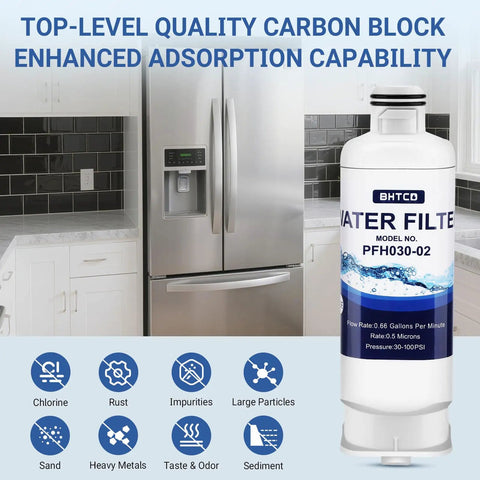 Two Pack Fridge Water Filter Replacement For Samsung RF Series Refrigerators With Advanced Multi Stage Filtration Reducing Lead And Chlorine Taste And Odor Fits RF23BB8600QLAA RF30BB6600QLAA RF30BB660012AA RF30BB6200QLAA next to stainless steel refrigerator in modern kitchen.