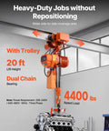 Velvet-Vision VEVOR 4400 Pound Electric Chain Hoist With Power Trolley, 20 ft lift height, dual chain bearing, used for heavy-duty jobs.