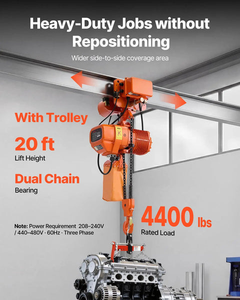 Velvet-Vision VEVOR 4400 Pound Electric Chain Hoist With Power Trolley, 20 ft lift height, dual chain bearing, used for heavy-duty jobs.