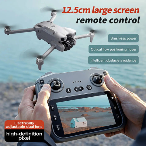 Hands holding 12.5cm widescreen remote control for drone, displaying real-time HD video with dual lens cameras and optical flow hover.