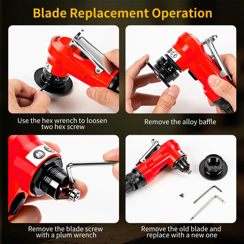 Front view of red 2-in-1 pneumatic chamfering tool with adjustment dial and replaceable blade for metal, acrylic, wood.