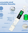 4 In 1 TDS Meter Digital Water Tester With EC And Temperature Readout, showing backlit LCD and battery features.