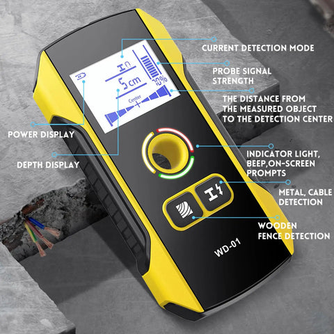 Electronic Studs Finder Handheld Wall Scanner for Wood Metal Studs Detection Detector Color Display with power and depth indicators.