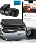 4K Front And Rear Dash Cam With Fast 5GHz WiFi Hands Free Voice Control shown with phone app and 64GB card