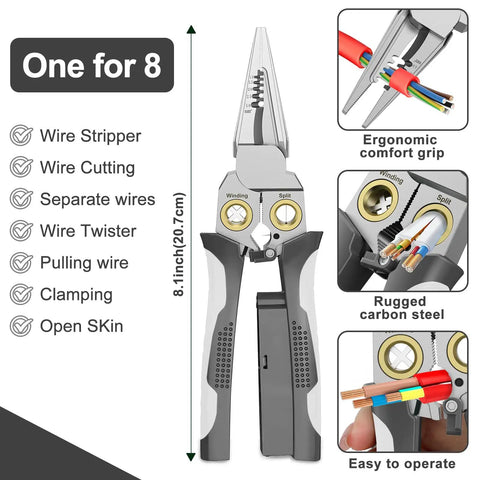 8 In 1 Wire Stripper And Cutter With Voltage Tester And Dual Alarms Heavy Duty 12 To 250V AC DC Electrical Tester shown in use