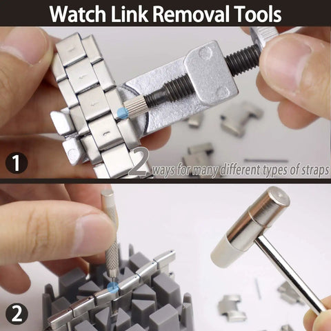 Watch link removal tools from All In One Pro Grade Watch Repair Kit With Carrying Case And 145 Piece Tool Set Including 60 Watch Batteries