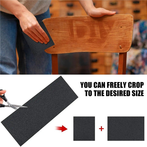 Person using Heavy Duty Silicon Carbide Sanding Sheets In 120 150 180 And 240 Grit Sizes Wet Or Dry on a wooden chair.
