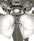 Close-up of 52 Inch Indoor LED Ceiling Fan with Pull Chain Lights, Brushed Nickel Finish, featuring five blades and included bulbs