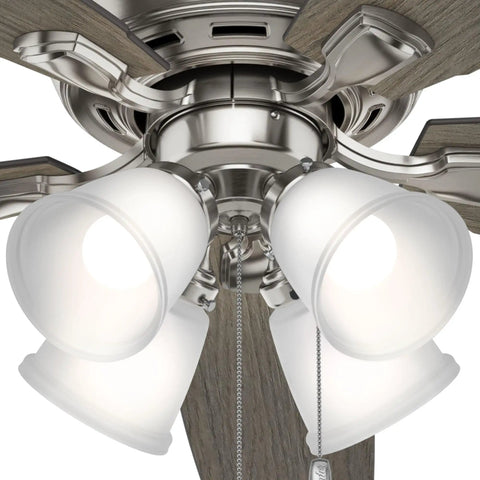 Close-up of 52 Inch Indoor LED Ceiling Fan with Pull Chain Lights, Brushed Nickel Finish, featuring five blades and included bulbs