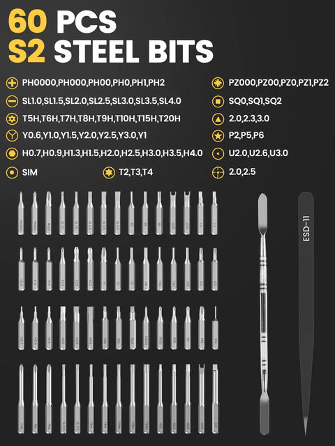 60 PCS S2 Steel Bits for Mini Electric Screwdriver Set With 60 Precision Bits And Four Torque Settings Magnetic Case Repair Tool Kit