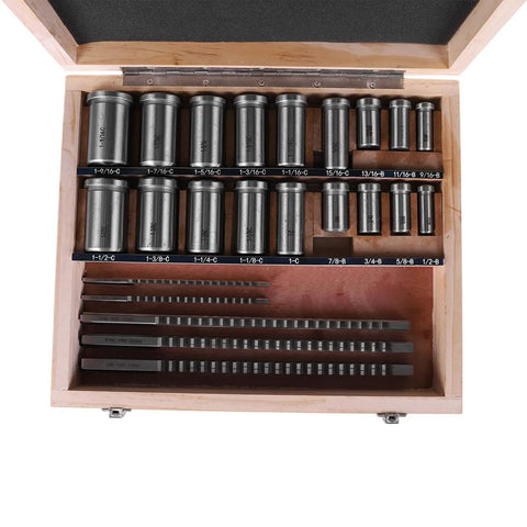 Pro Keyway Broach Kit for Metalworking, 30 Piece Set with 5 Broaches, 18 Bushings, 7 Shims displayed in wooden case