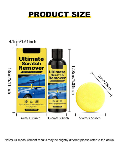 Product size of Slick Scratch Eraser Paste And Smooth Operator Polishing Kit, including bottle and foam applicator dimensions.