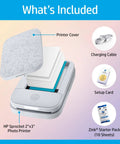 Image showing Pocket Sized Photo Printer For Instant Two By Three Inch Sticky Back Photos From Your Phone On The Go Luna Pearl Edition, with printer cover, charging cable, setup card, Zink starter pack, and HP Sprocket 2x3 photo printer.