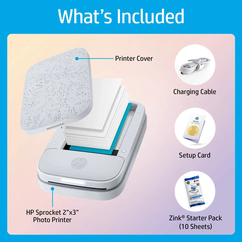 Image showing Pocket Sized Photo Printer For Instant Two By Three Inch Sticky Back Photos From Your Phone On The Go Luna Pearl Edition, with printer cover, charging cable, setup card, Zink starter pack, and HP Sprocket 2x3 photo printer.