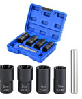 Garage Ready 5 Piece Twist Socket Set With Center Punch Bar For Stubborn Lug Nut Removal Metric 17Mm Through 22Mm Wheel Bolt Knockout Extraction Kit in blue case