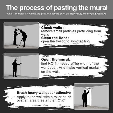 Instructions for installing Nature Forest Tree Mural 195x120 Inches Fabric Wallpaper, showing wall preparation and adhesive application.