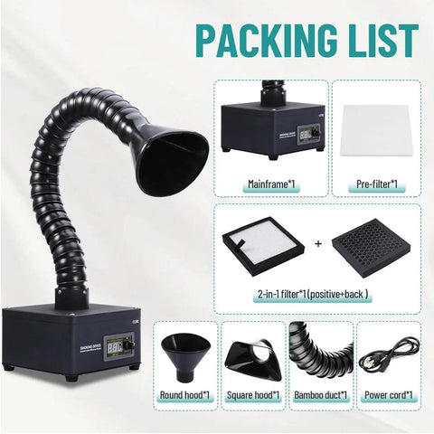 Image showing the packing list for the 150W Solder Fume Extractor With Beast Suction Hose For Soldering, LED Display, Portable Filter System For DIY Welding And Smoke Removal, 360 Degree Adjustable Slub Tube, Multi Layer Activated Carbon Filtration For Deodorizing. Components include the mainframe, pre-filter, 2-in-1 filter, round hood, square hood, bamboo duct, and power cord.