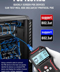 RJ45 Network Cable Tester With PoE And NCV Check, Cable Length Meter, Port Flashing Indicator, Supports CAT5 CAT6 CAT6a CAT7, Anti Interference Scanner showing PoE test and network cables