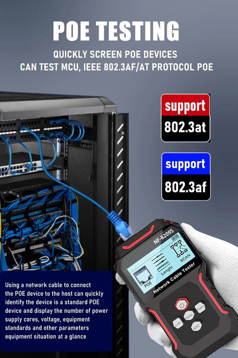 RJ45 Network Cable Tester With PoE And NCV Check, Cable Length Meter, Port Flashing Indicator, Supports CAT5 CAT6 CAT6a CAT7, Anti Interference Scanner showing PoE test and network cables