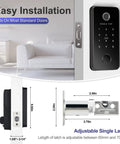 6 In 1 Smart Door Lock With Fingerprint App Control Auto Lock Anti Peep Code Bluetooth And Keyless Entry Remote Unlock IC Card Mechanical Key ANSI Grade 1 Black on door showing latch adjustment measurements
