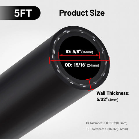 EVIL ENERGY 5/8 in heater hose, 5 ft, black with clamps; end view shows ID 5/8 in and OD 15/16 in.