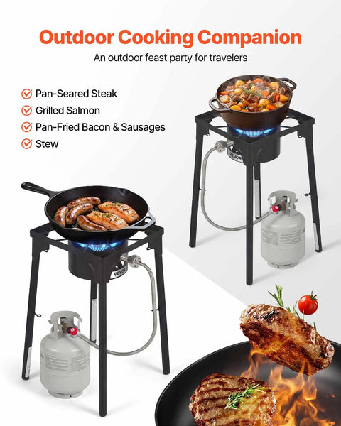 Single Burner Outdoor Propane Gas Stove 100,000 BTU LPG Camping Cooker With Tall Stand cooking steak and stew.