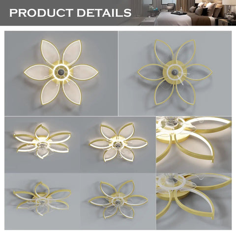 27 Inch Bladeless Flush Mount Ceiling Fan With Lights Remote Control Quiet Low Profile Modern Bedroom Fan Dimmable LED Light Six Gear Speeds Three Color Temperatures Flower Style Design, showing flower pattern details.