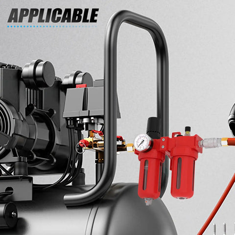 Industrial setup with All In One Aluminum Air Regulator Set With Moisture Filter Coalescing Filter Lubricator And Manual Drain 150 Psi Gauge