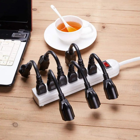 Outlet Saver Power Extension Cord 16 AWG 3 Prong 8 Inch Black 10 Pack ETL Listed plugged into power strip