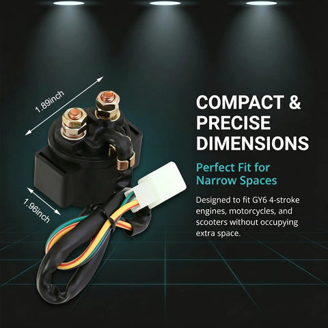 Built Tough Starter Solenoid Relay For Motorcycle Scooter With Heavy Duty Copper Terminals Vibration Resistant Construction, compact design for narrow spaces.